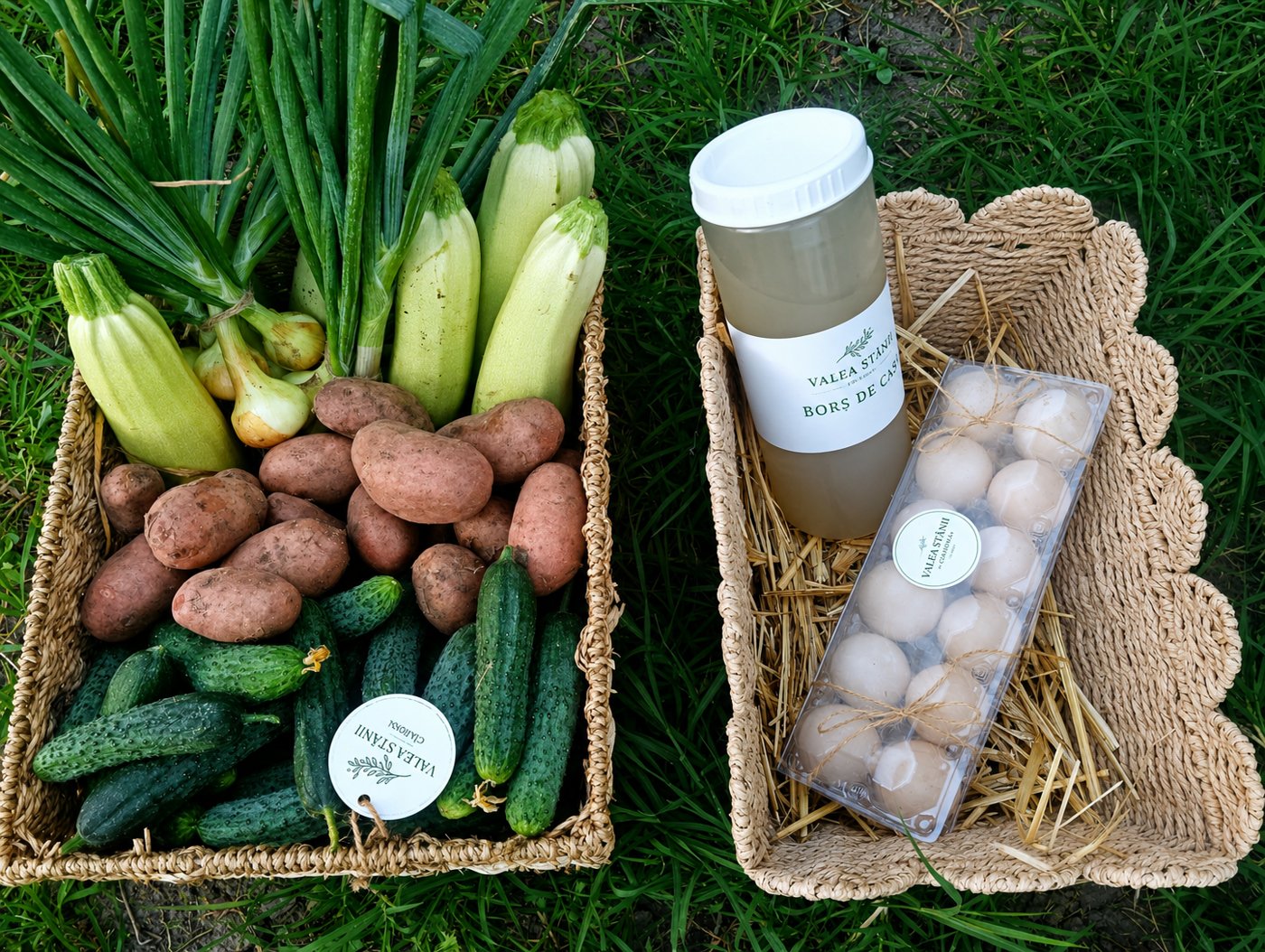 Coș cu legume, borș de casă și ouă de țară